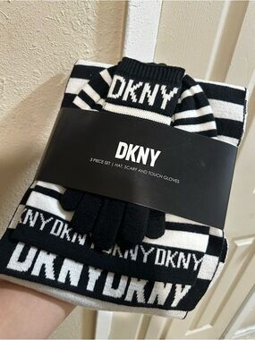 DKNY Black & White Striped Knit Hat, Scarf & Gloves Set